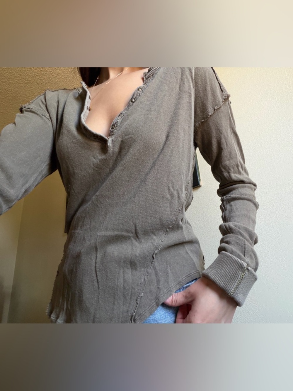 Free People Women's Washed Green V-Neck Lightweight Sweater